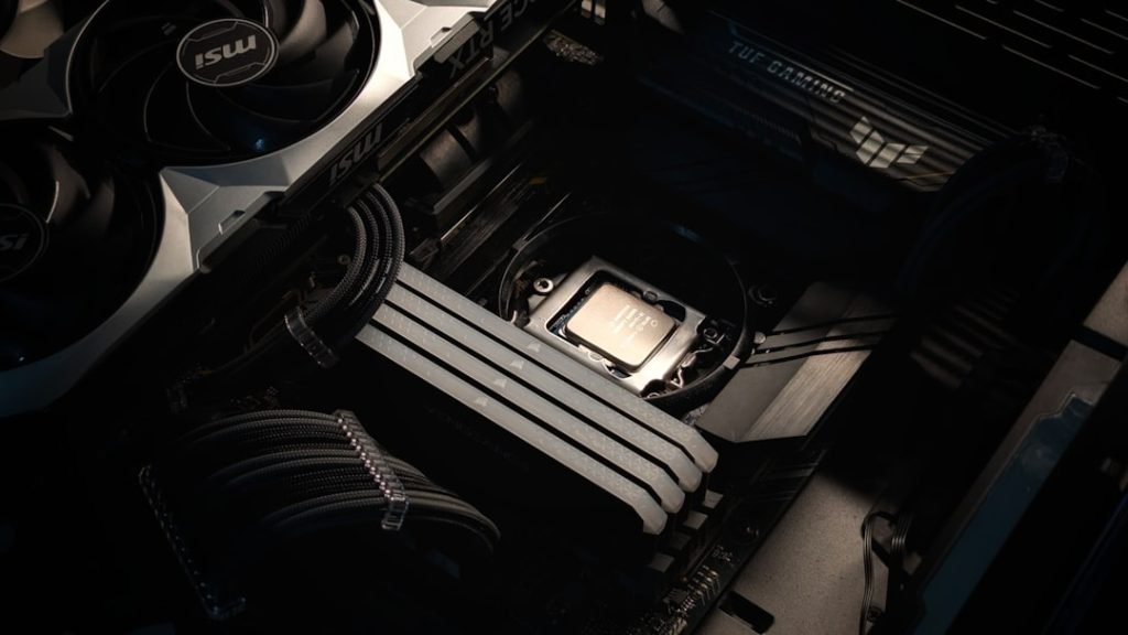 Close-up shots of a high-performance custom-built gaming PC featuring an MSI GPU, sleek cable management, and premium cooling components. Perfect for tech enthusiasts and gamers, showcasing modern computer hardware aesthetics and detailed craftsmanship